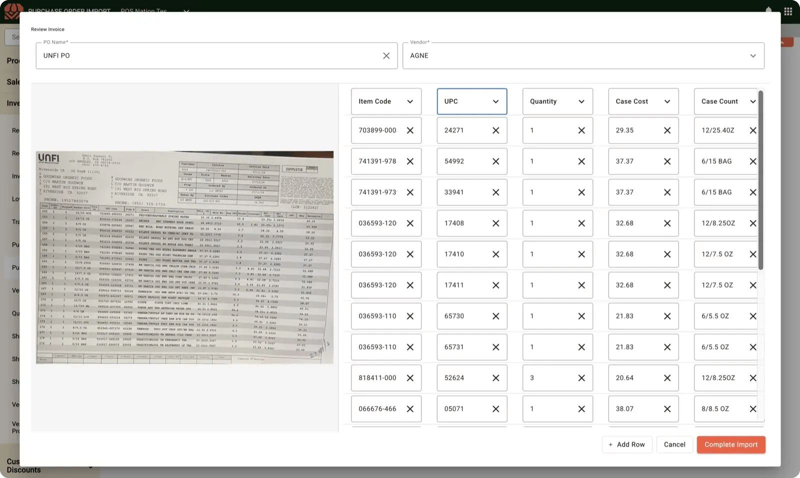 AI Invoice Upload screen: a photographed vendor invoice beside the purchase order lines AI extracted from it
