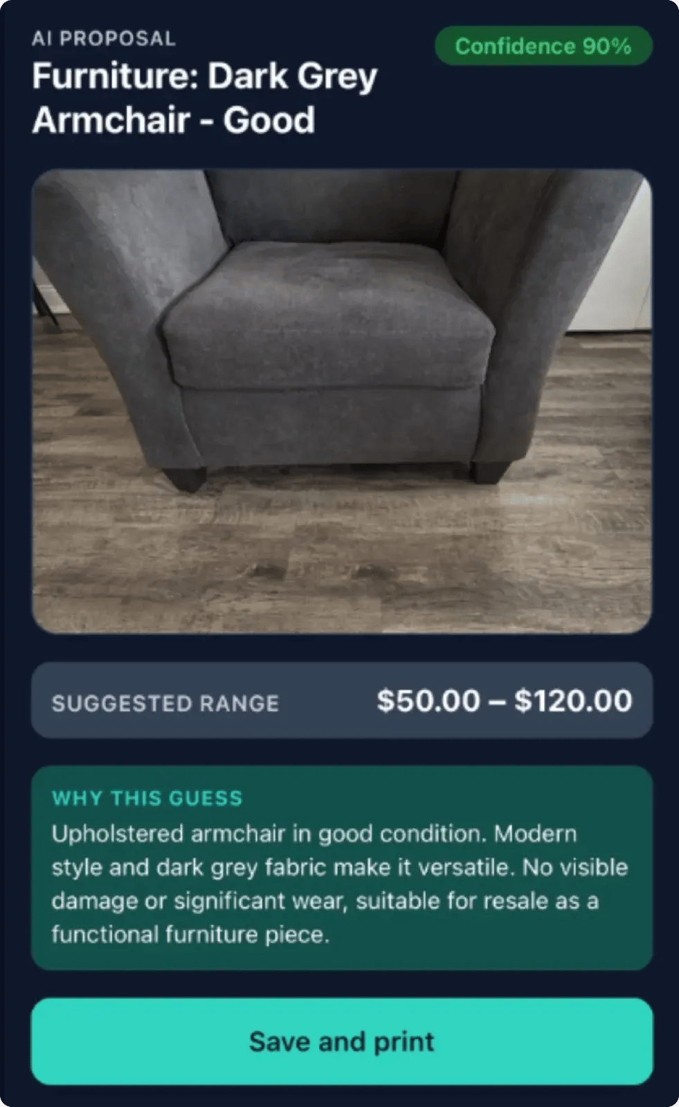 AI Price Suggestions on a phone: a photographed armchair with a suggested price range and the reasoning behind it