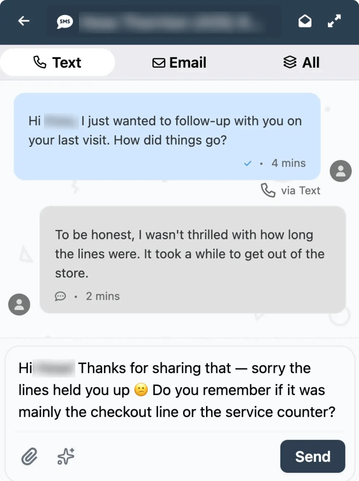 AI Messaging thread inside the POS: a follow-up text, the customer's reply, and an AI-drafted response