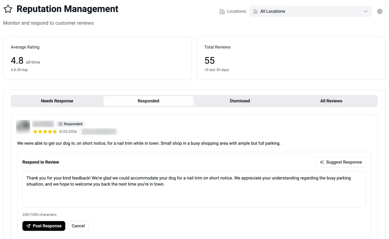 Reputation Management screen: average rating, review count, and an AI-suggested response to a Google review