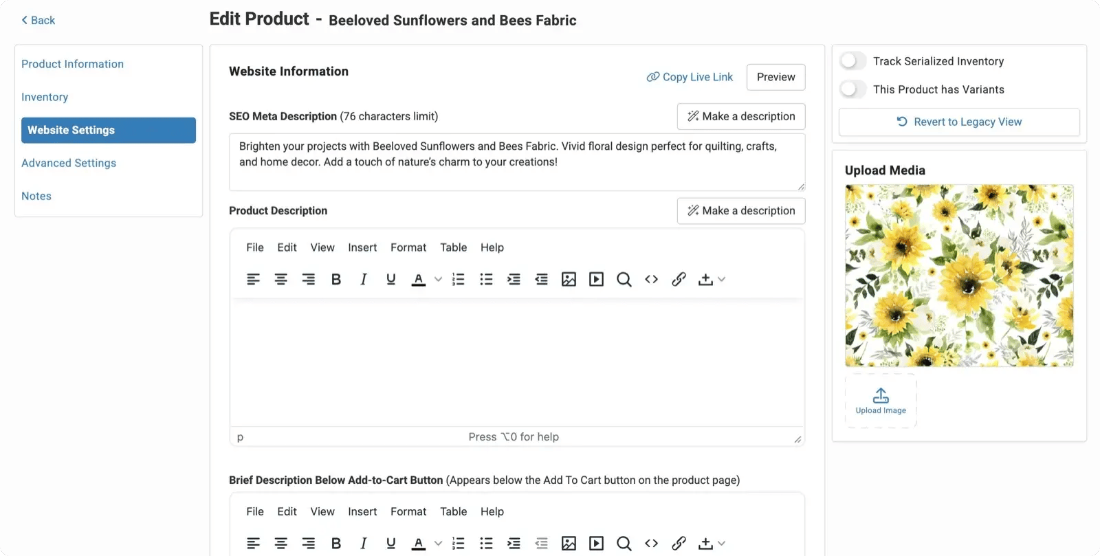 Edit Product screen with one-click AI buttons that write the product description and SEO meta description